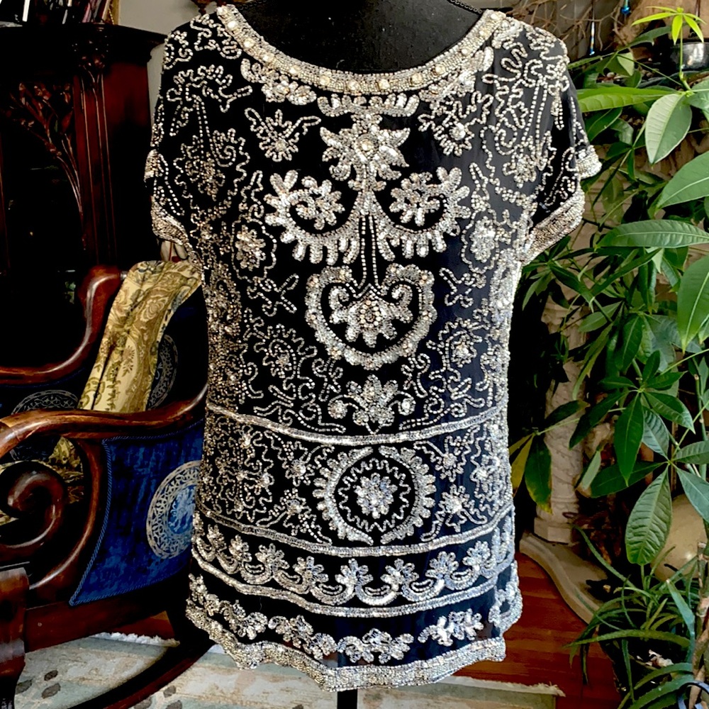 Antik Batik Black Silk and Silver Beads Sequins Blouse Short Sleeves
